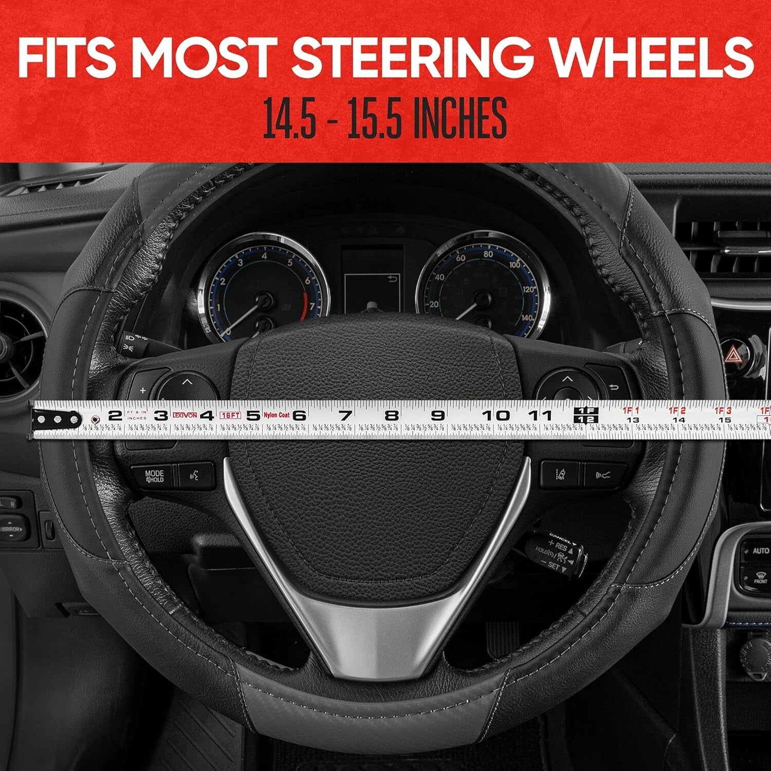 Durable 14-Inch Black Leather Steering Wheel Cover with Stylish Gray Stitching