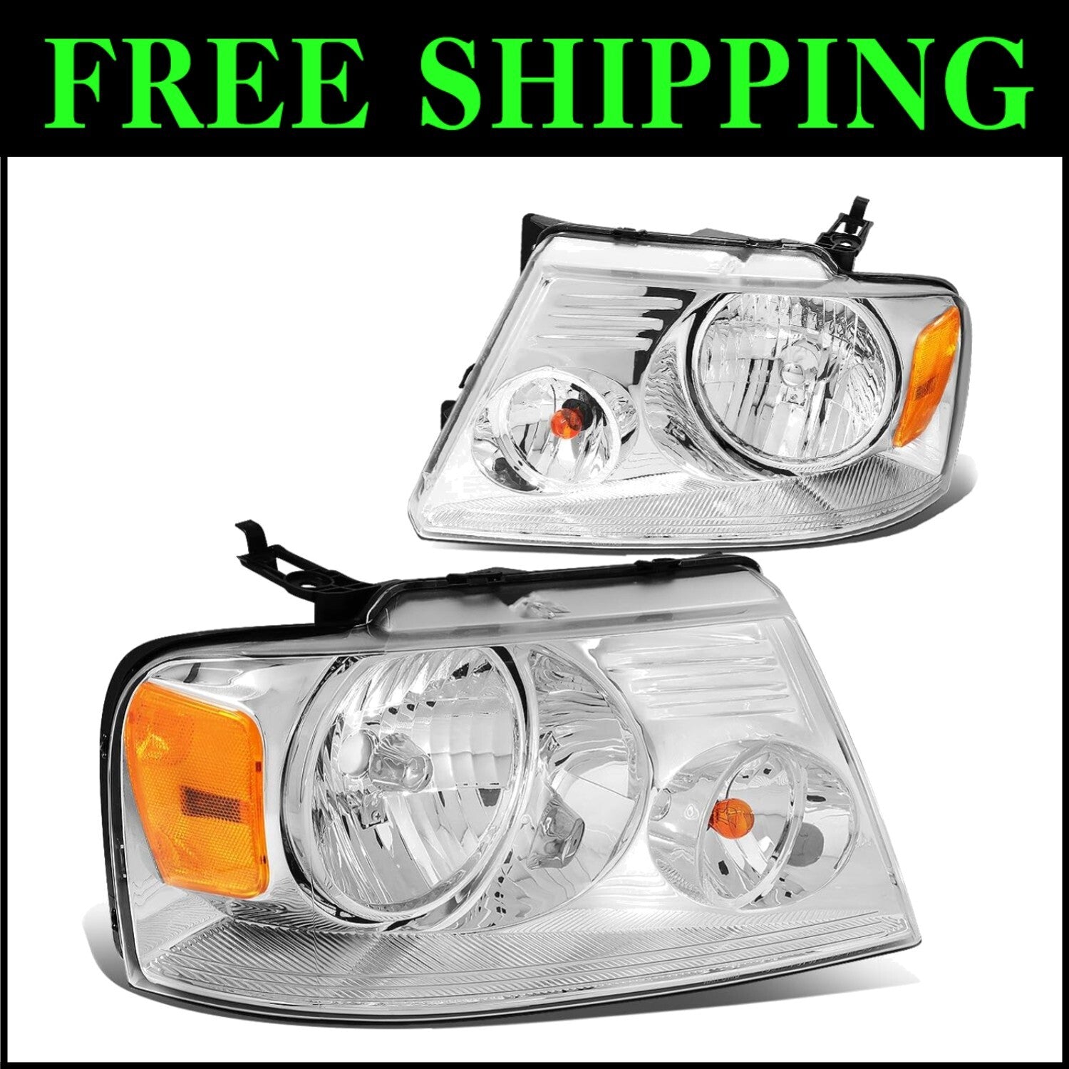 Durable Chrome Amber Headlights Pair for Ford F150/Mark LT - Plug and Play