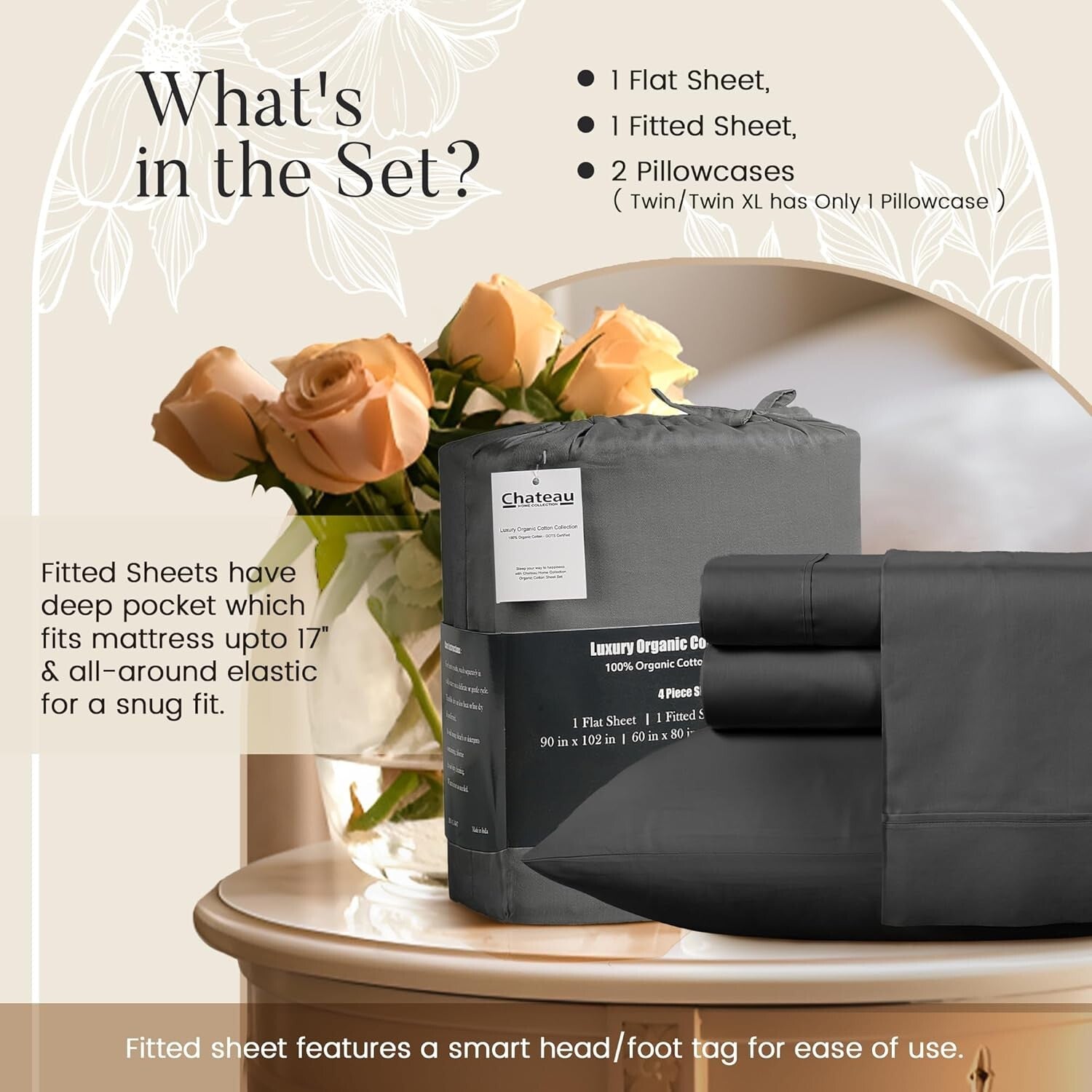 300 Thread Count Sateen King Sheet Set - Soft, Cooling & Hypoallergenic Charcoal