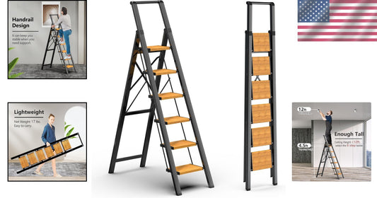 6 Step Lightweight Aluminum Folding Ladder for 12 Ft Ceilings - Safe & Stylish