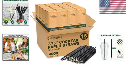 Classic Solid Black 7.75 Inch Drinking Straws - Biodegradable Bulk Case of 4000