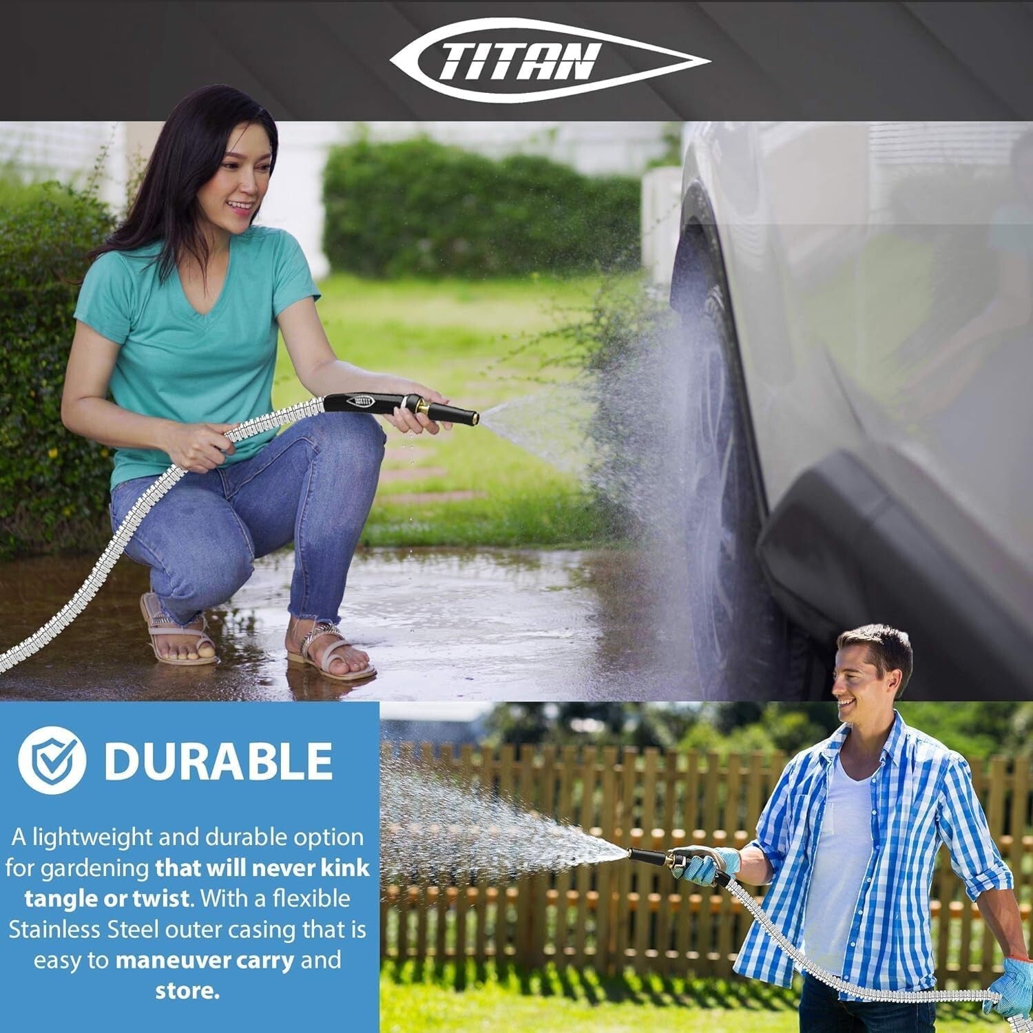 Durable 150FT Stainless Steel Garden Hose with Crush-Proof Fittings - 500 PSI