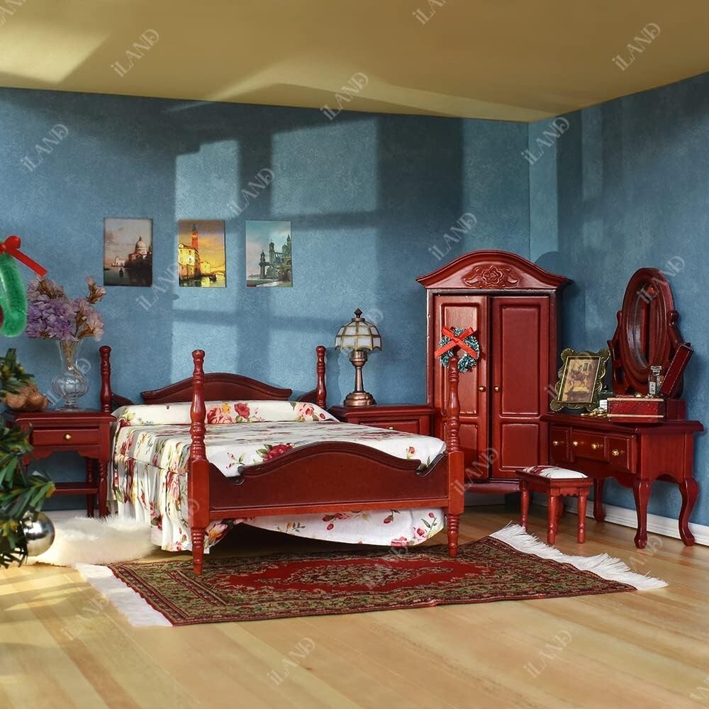 6-Piece Mahogany Dollhouse Furniture Set - Includes Bed, Wardrobe & More