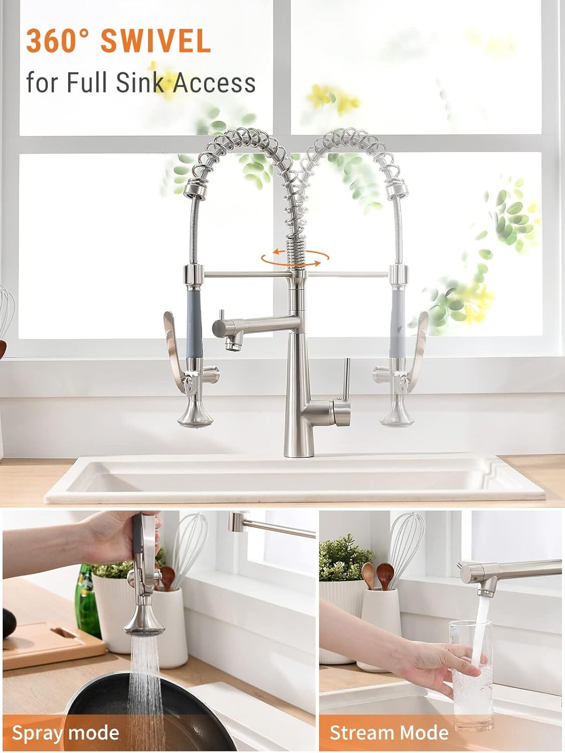 Durable Single Handle Kitchen Faucet with High Arch Gooseneck & 2-Spray Options