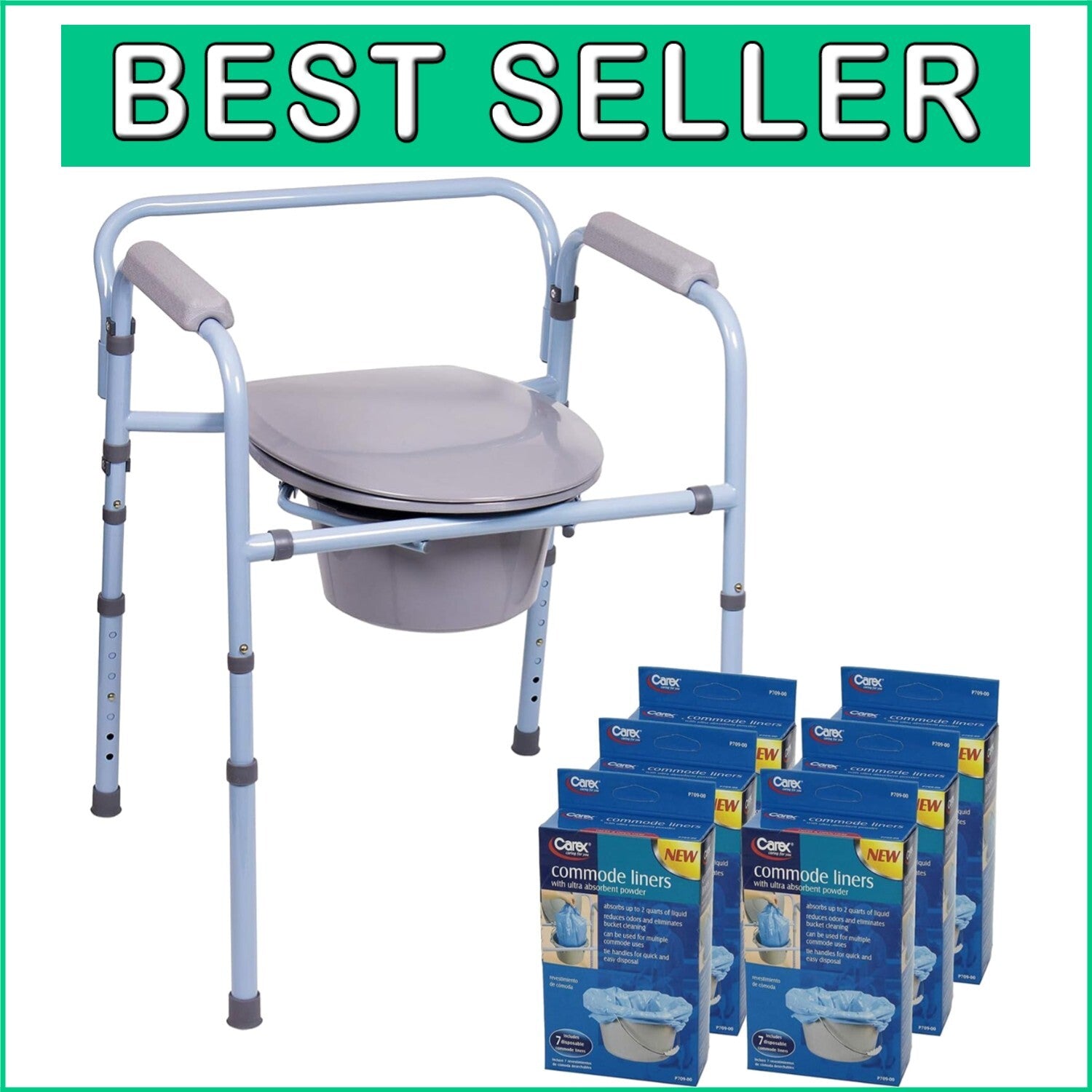 Folding Bedside Commode Chair for Adults - Supports 300lbs, 42 Liners Included