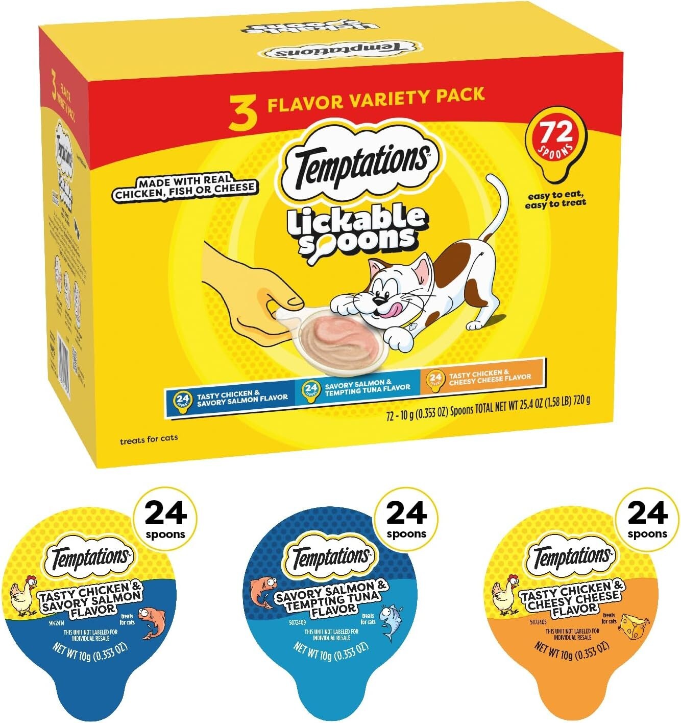 Variety Pack Lickable Cat Treats - Creamy Spoon Sizes - 10 Grams Each, 72 Count