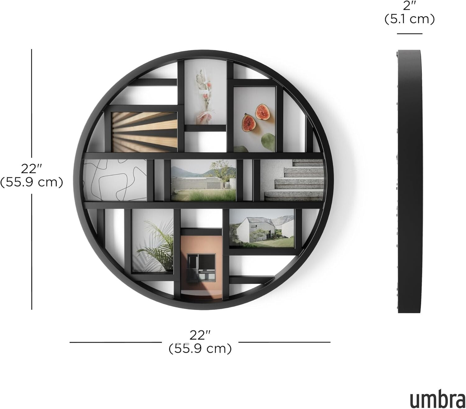 Gallery-Style Black Collage Frame Holds 9 Photos, 22-Inch Round Decor