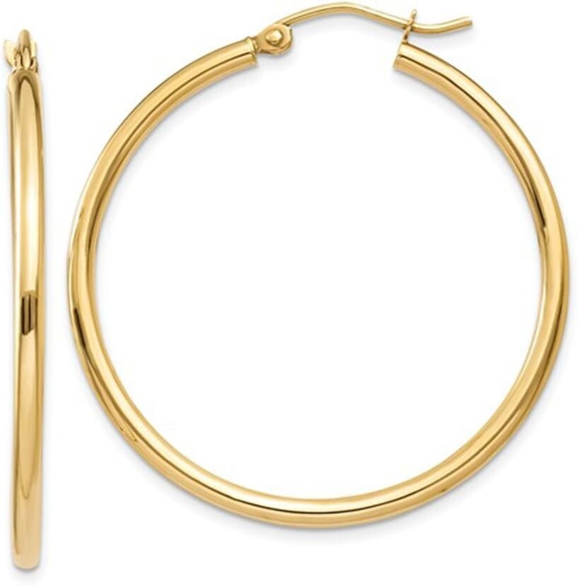 Elegant 14K Gold Classic Hoop Earrings, 35mm Diameter with Click-Down Clasp
