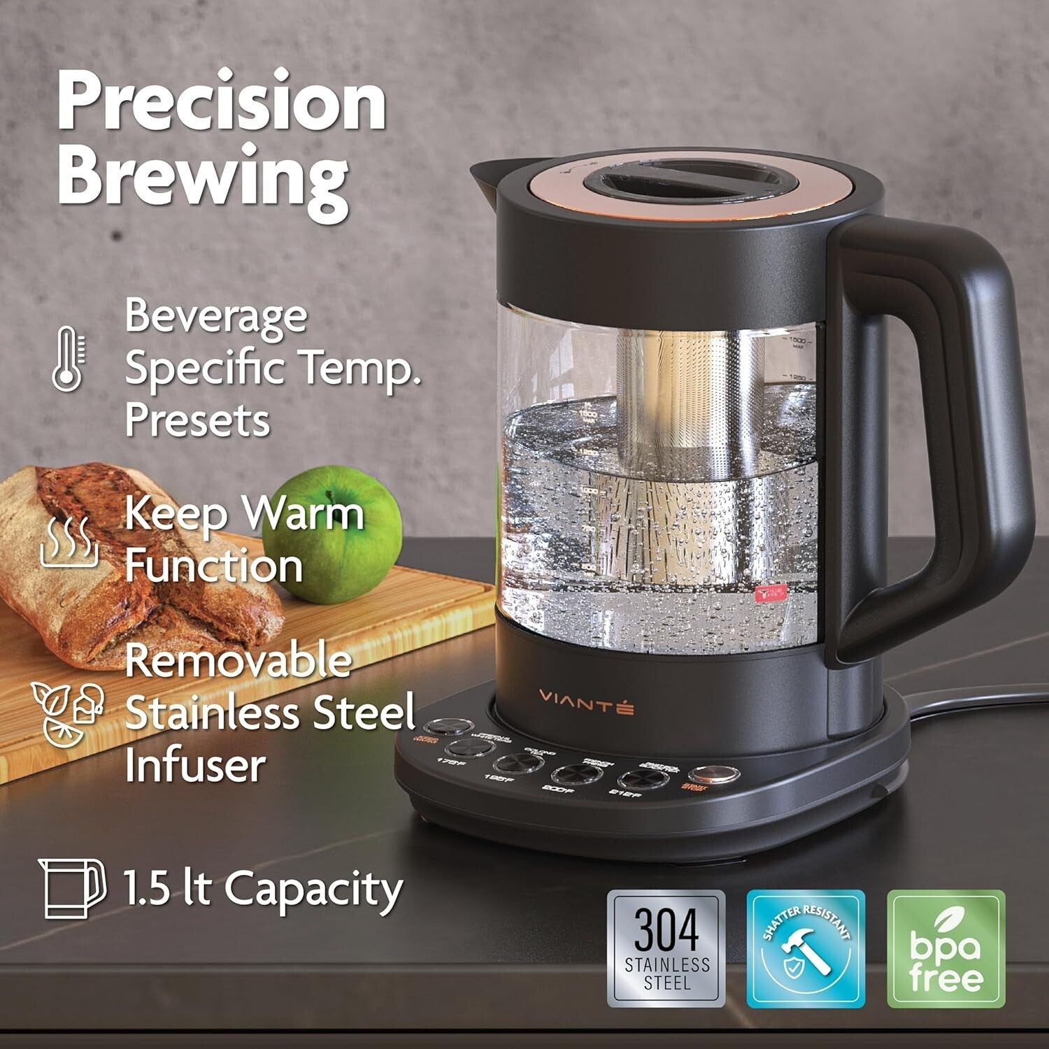 Deluxe Electric Kettle with Tea Infuser, Ceramic Teapot & Cups on Wood Tray