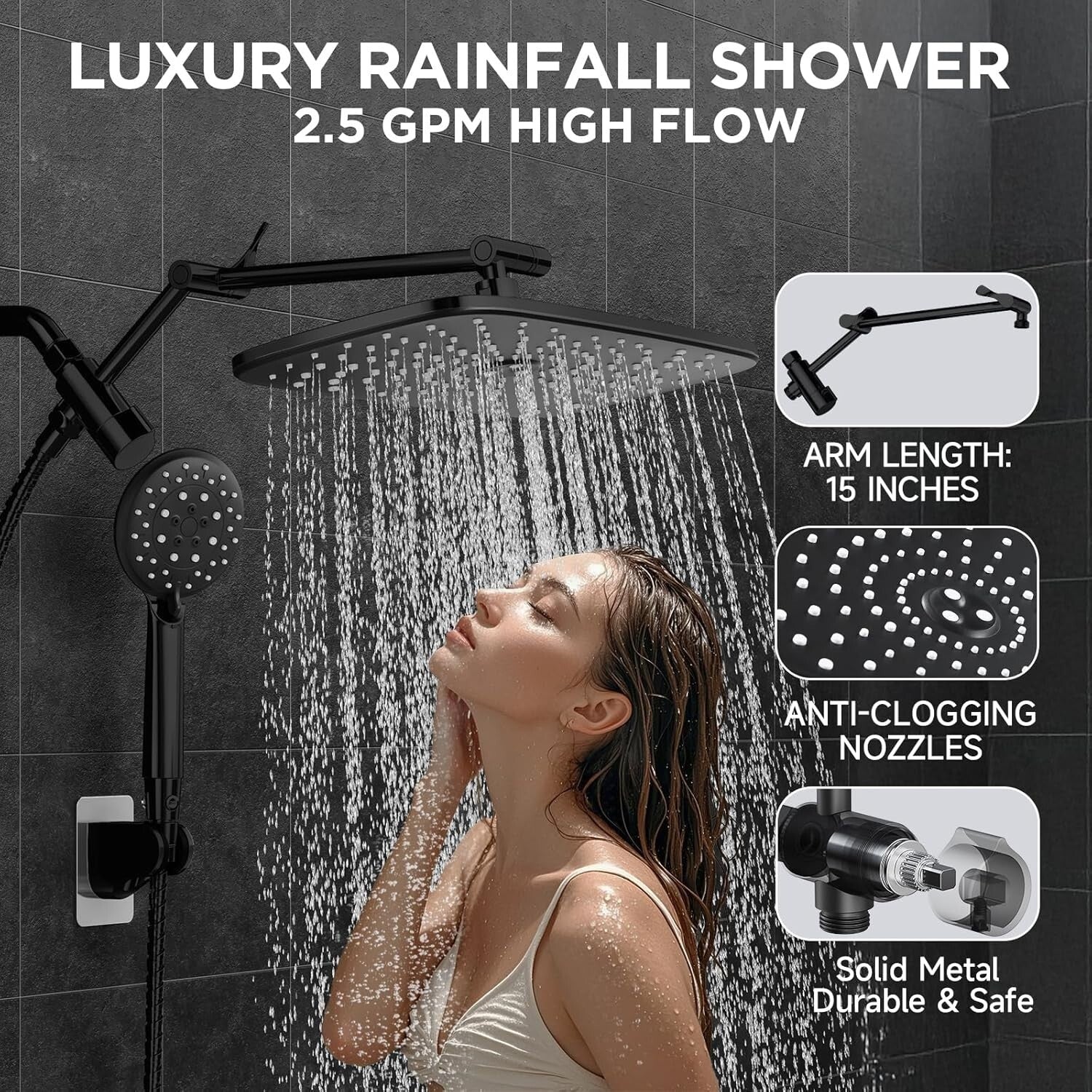 Rainfall Showerhead with Adjustable Height & Anti-Clog Nozzles - Modern Design