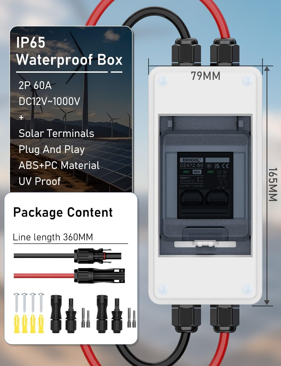 60 Amp Solar Disconnect Switch - IP65 Waterproof Miniature Circuit Breaker