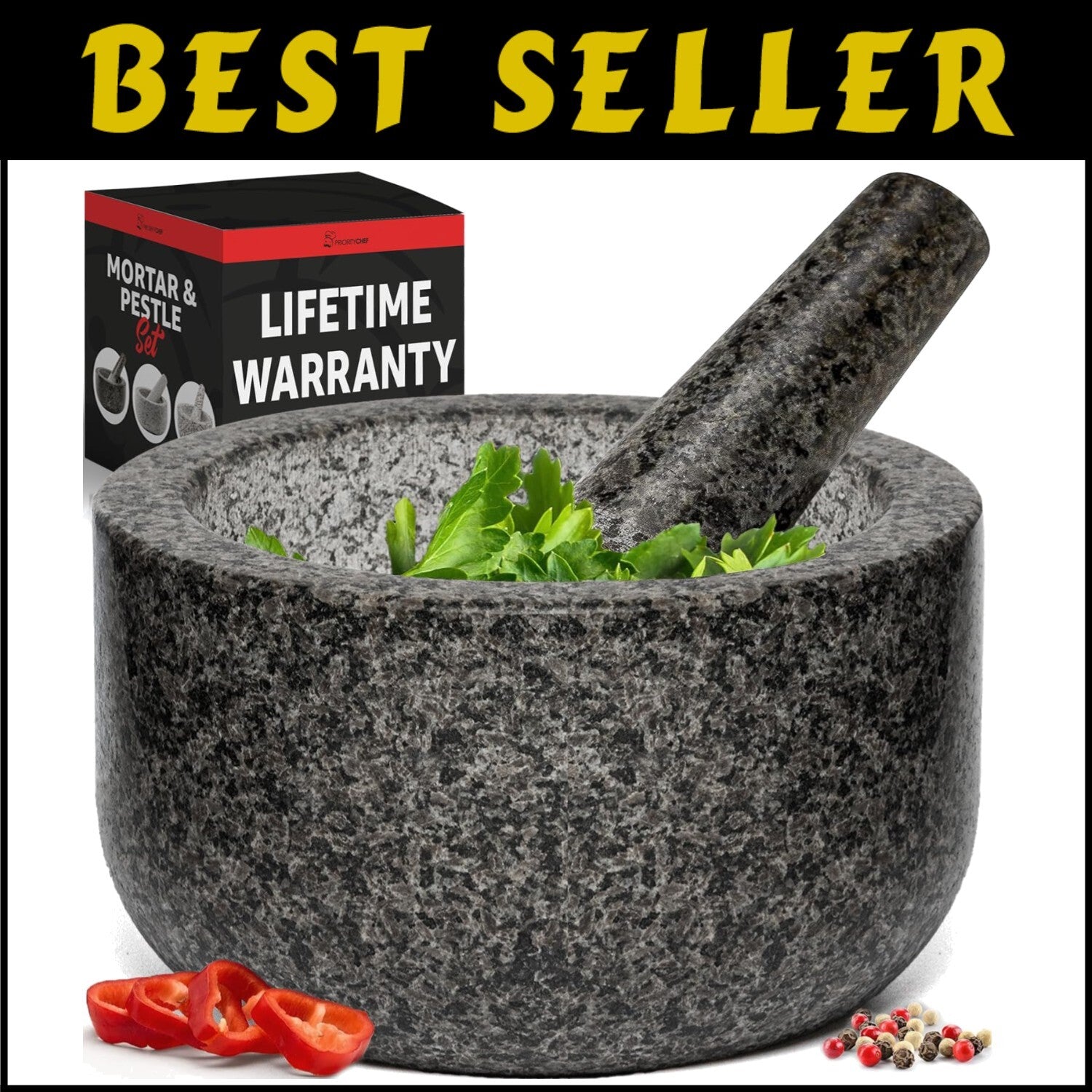 Large Black Granite Mortar and Pestle with Non-Slip Features - Stone Grinder