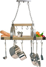 Load image into Gallery viewer, Elegant Ceiling-Mounted Wood Pot Rack with 2 Lights - Perfect Kitchen Organizer