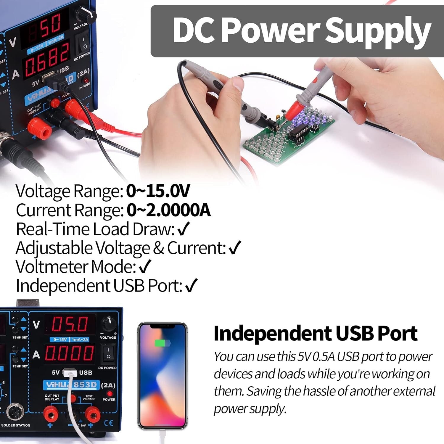 Versatile 3-in-1 Soldering Iron, Hot Air Rework, and 2A DC Power Supply Station