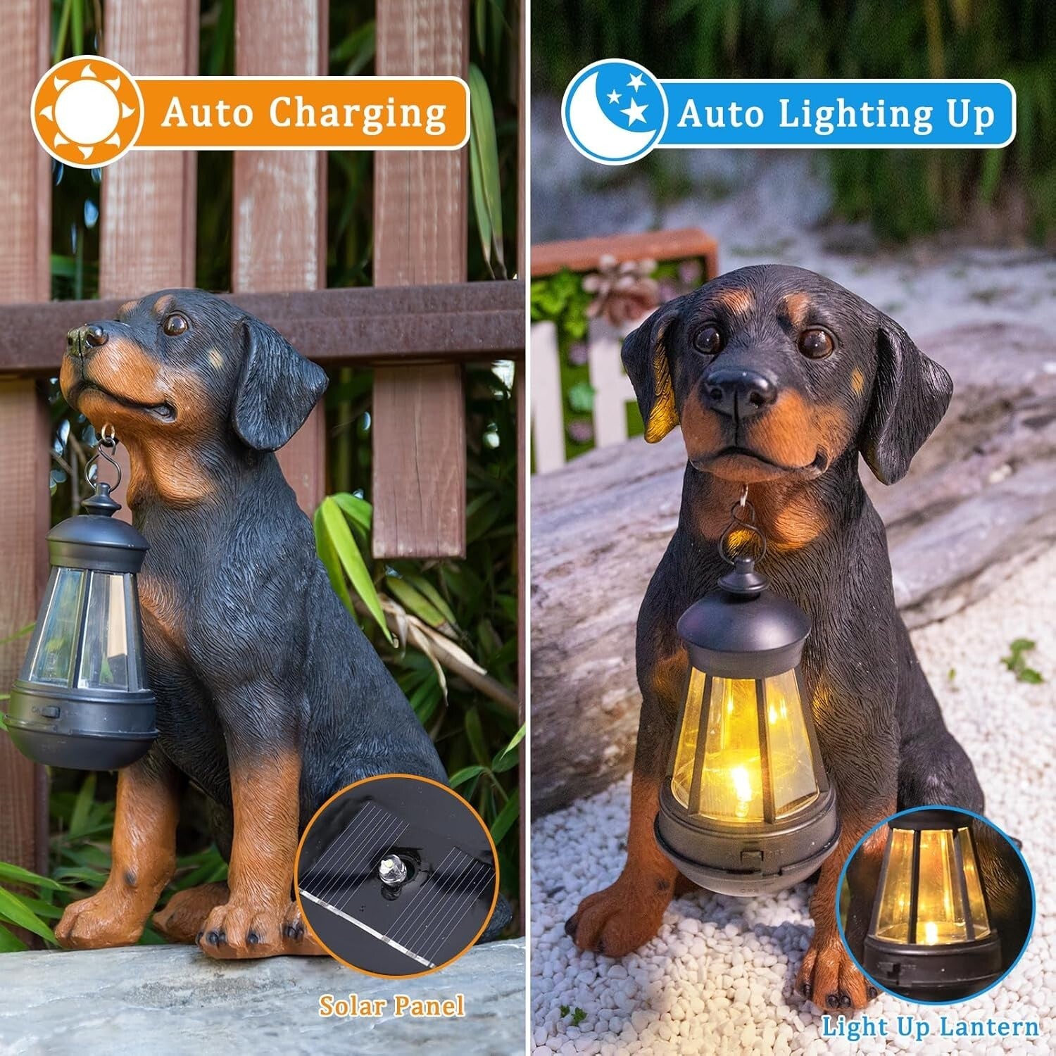 Charming Rottweiler Statue with Solar LED for All-Season Outdoor Decoration