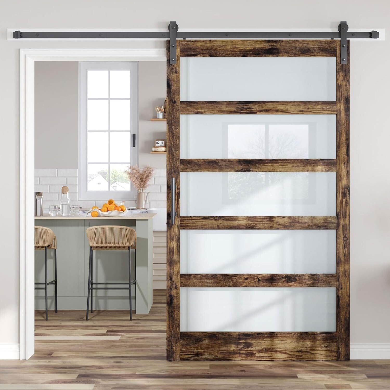 Elegant Brown LVL Wood Sliding Barn Door Kit - DIY Assembly with Frosted Glass