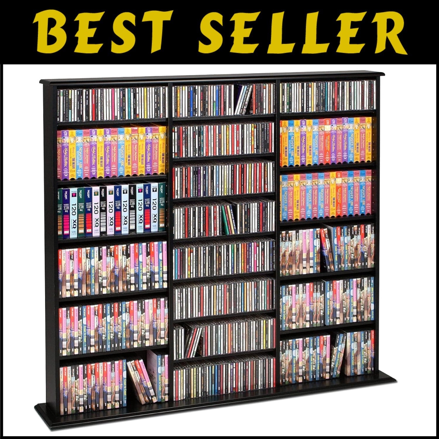 Library Style Triple Width Storage Cabinet - Adjustable Media Organizer in Black