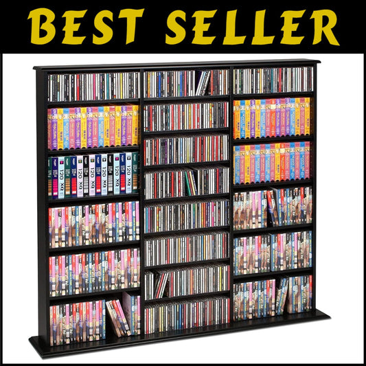 Library Style Triple Width Storage Cabinet - Adjustable Media Organizer in Black