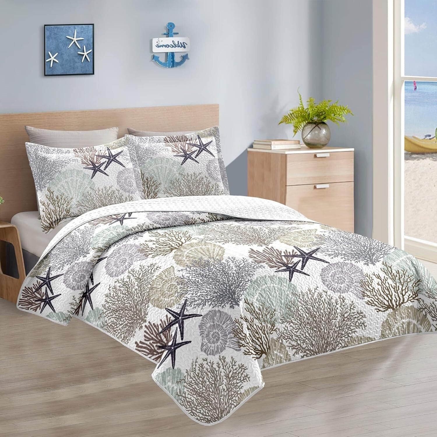 Elegant Coastal 3-Piece Microfiber Quilt Set - Perfect Beach-inspired Decor