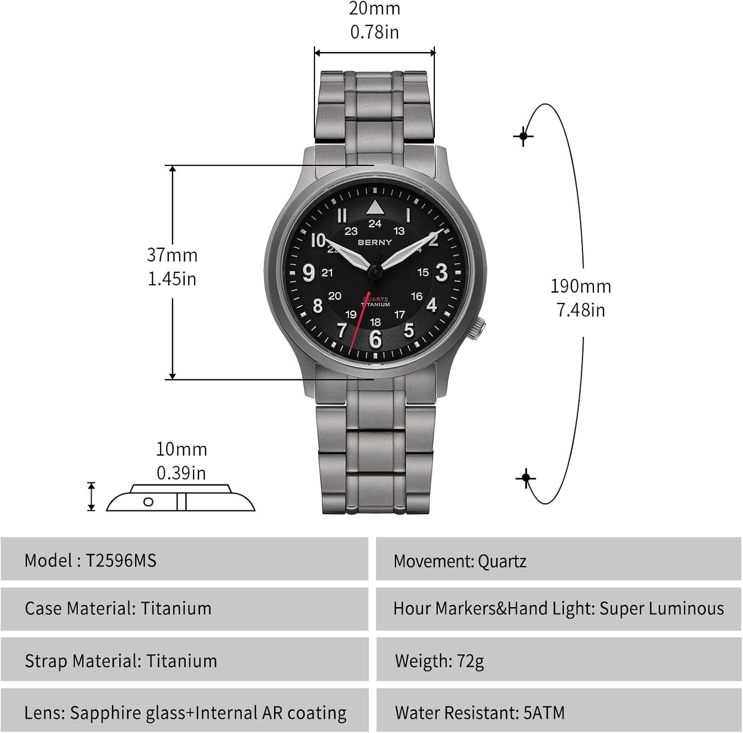 5ATM Waterproof Titanium Watch for Men - Quartz, Luminous & Scratch-Resistant