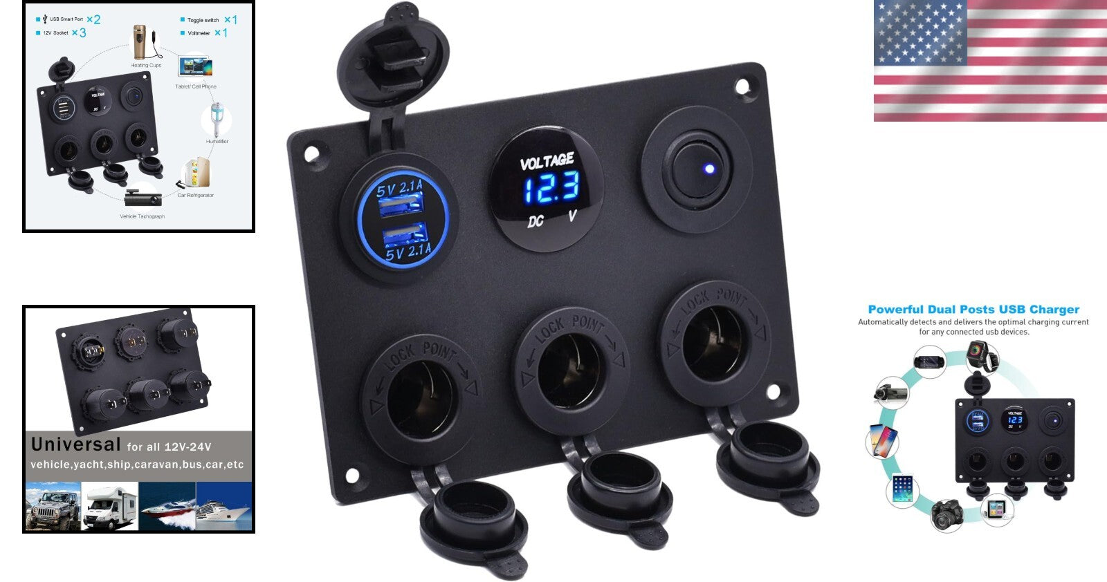 Multi-Function 12/24V Charger Panel with USB Ports & Toggle Switch for Vehicles