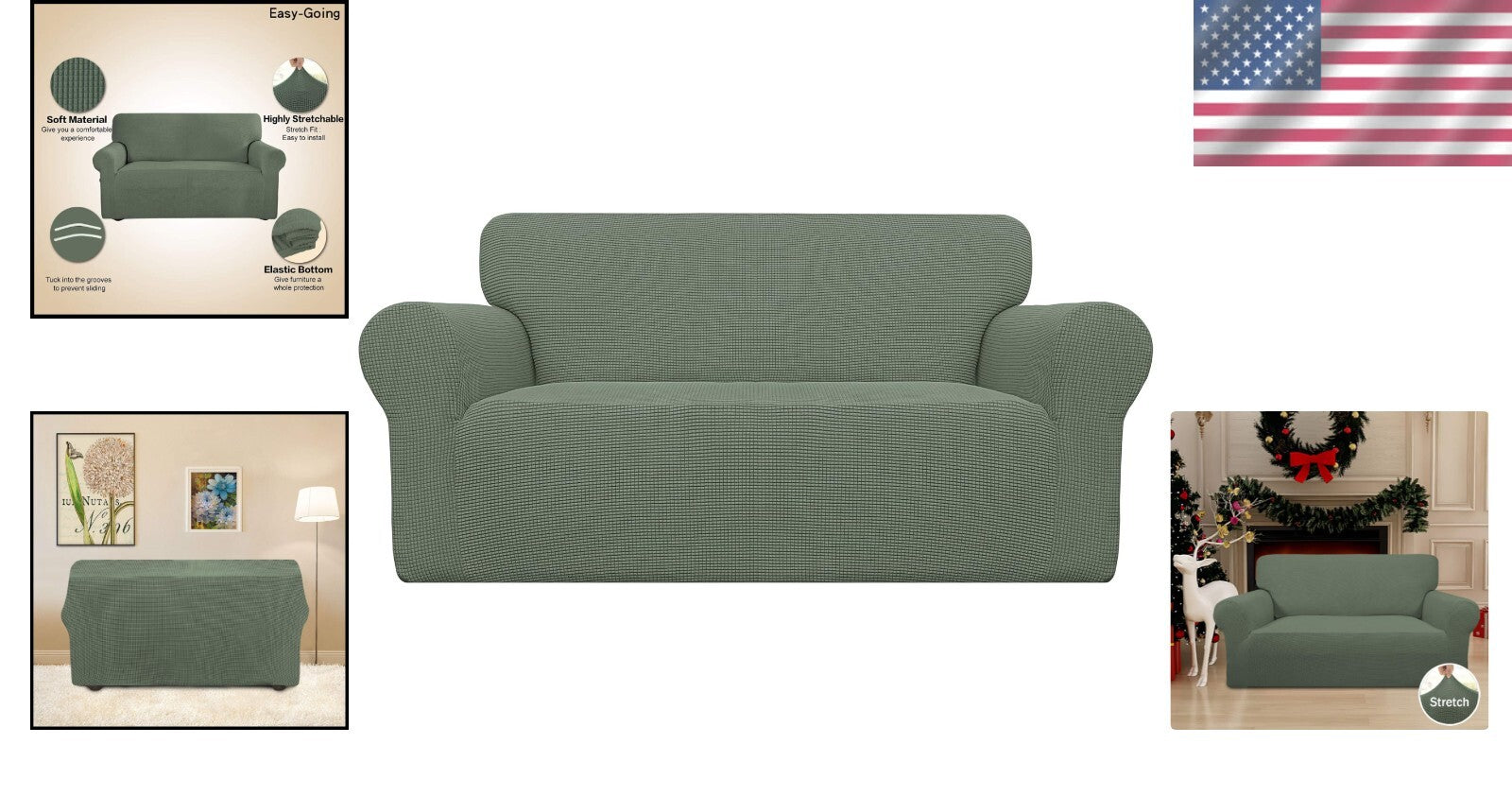 Greyish Green Stretch Loveseat Cover in Jacquard Fabric - Easy Care and Stylish