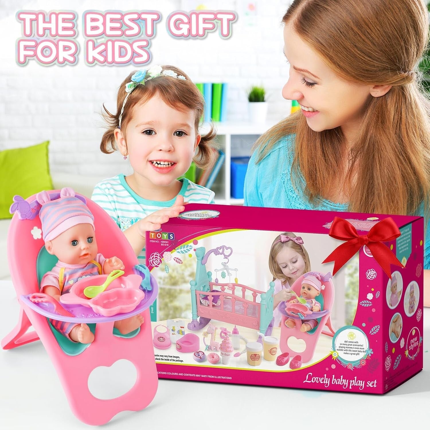 Safe 12” Baby Doll Toy Set with Crib, High Chair & Accessories for Pretend Play