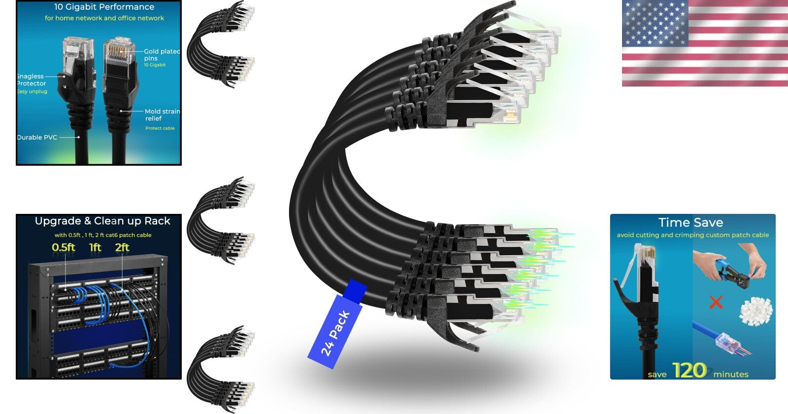 10G High-Speed Cat6 Ethernet Patch Cable 10ft - 24 Pack for Organized Networking