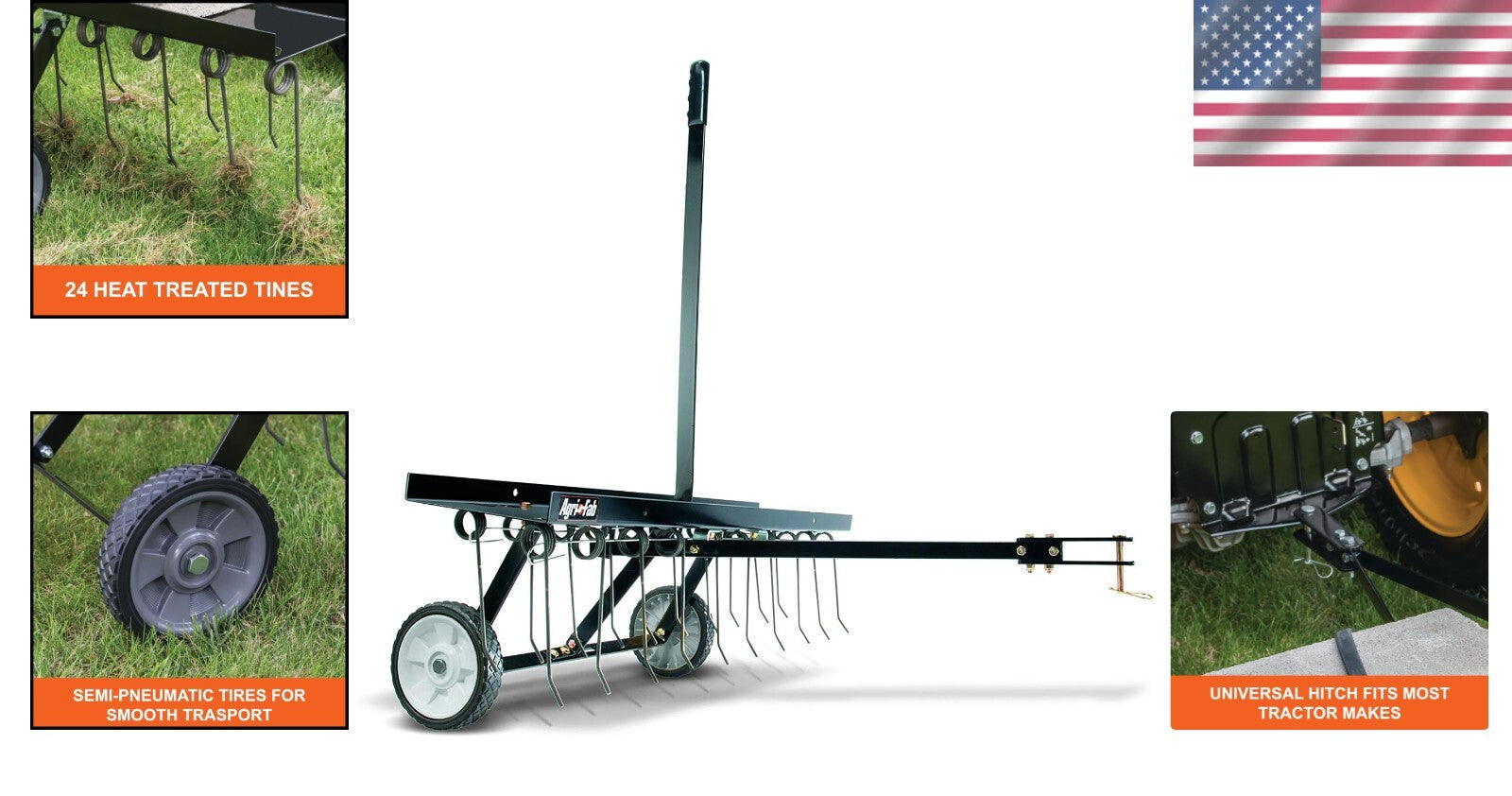 48-Inch Tow Behind Lawn Dethatcher with 24 Heavy-Duty Steel Tines - USA Made