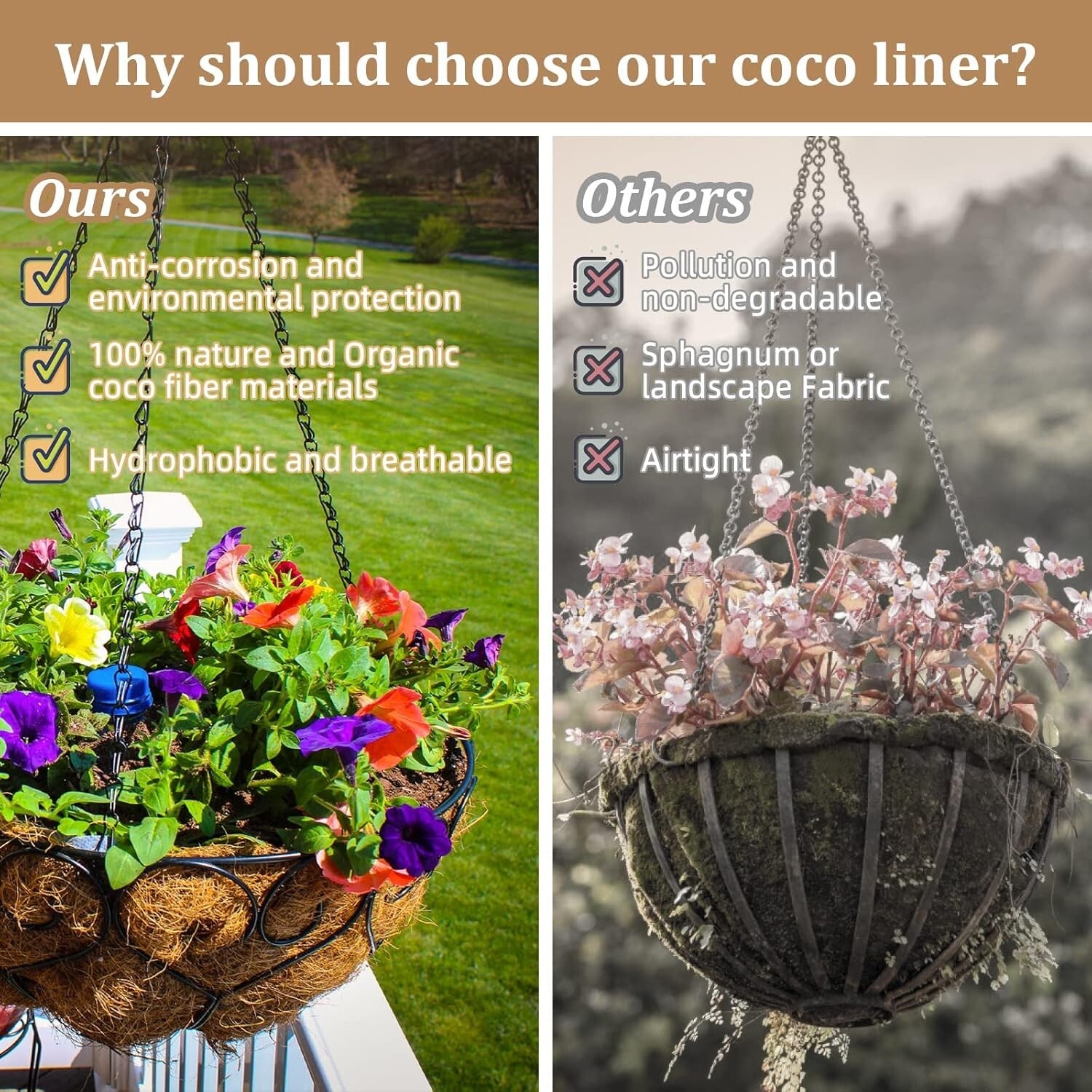 Moisture-Retaining Coconut Coir Liners for 20-Inch Hanging Plants - 4 Pack