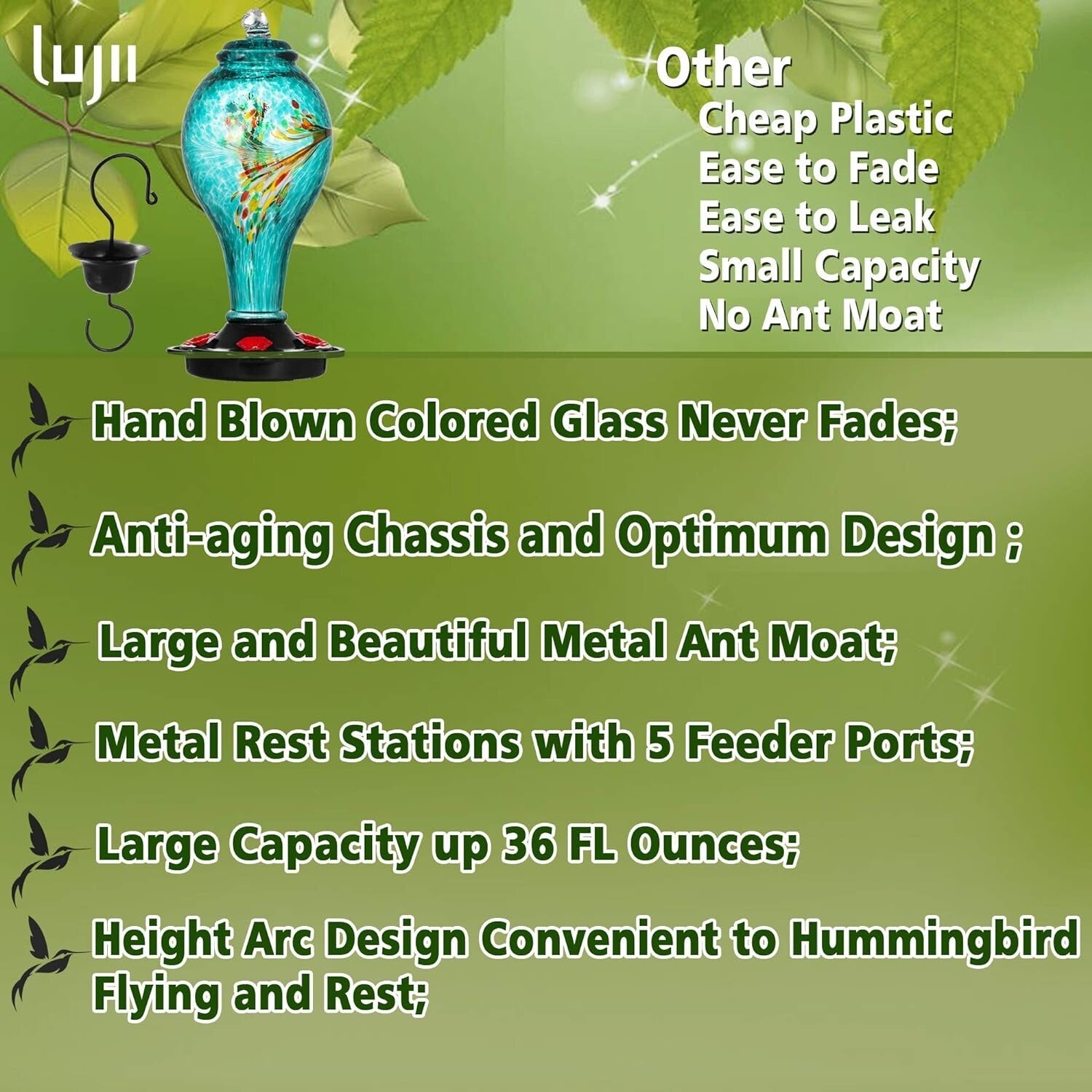 Durable 36oz Hanging Hummingbird Feeder with Easy Clean Design & Ant Barrier