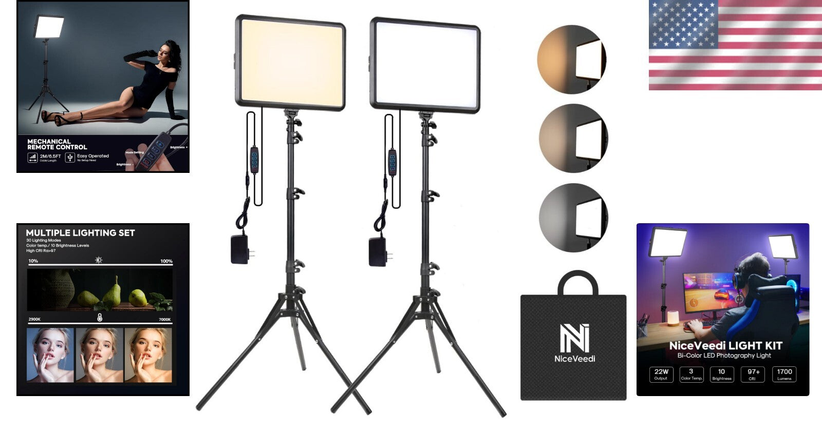 2-Pack Adjustable LED Photography Lighting Kit with Tripod Stands - 2900-7000K