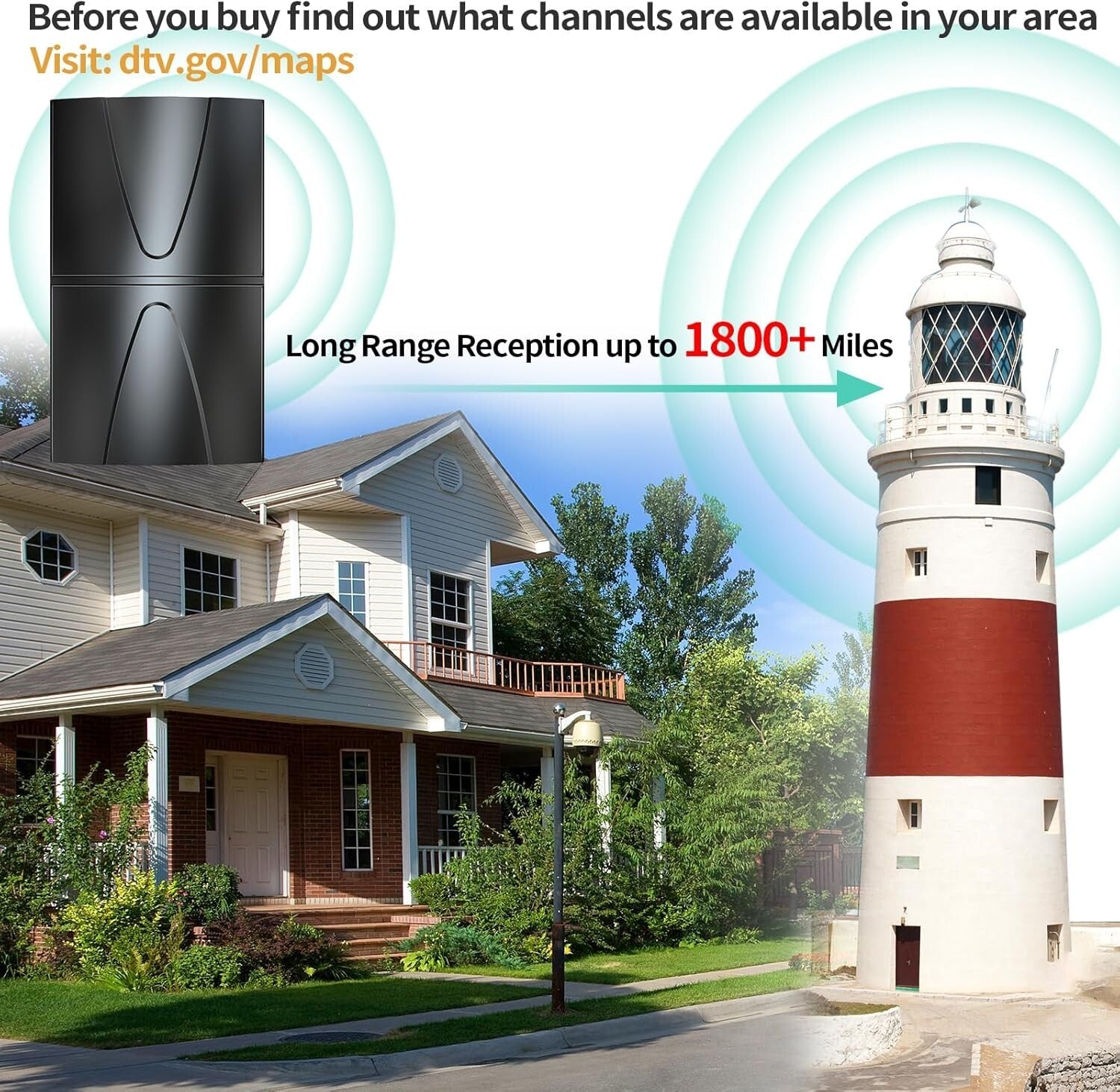 1800 Miles Range Indoor/Outdoor TV Antenna with 360° Reception - Cut Cable Costs