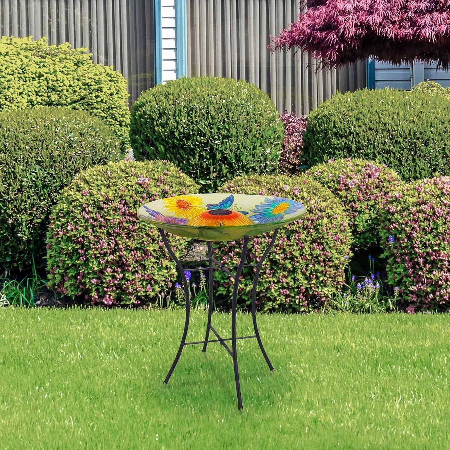 Elegant 18" Solar Glass Birdbath with LED Lights – Attract Butterflies Outdoors