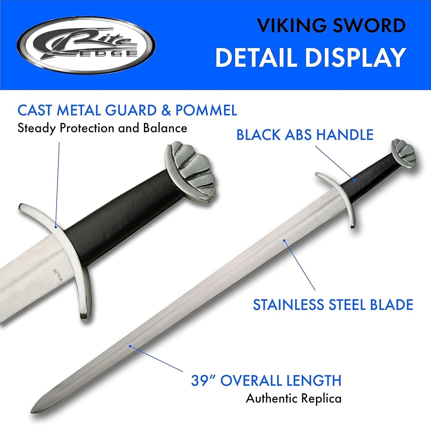 Authentic 39" Viking Sword - Stainless Steel Blade, Black Handle, & Sheath