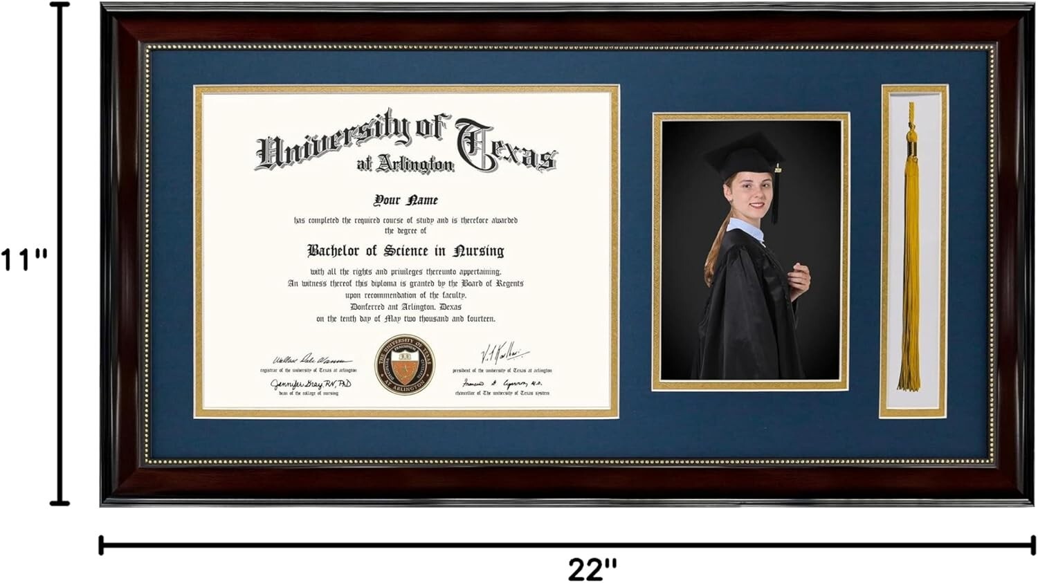 Elegant 11x22 Mahogany Diploma Frame with Tassel Holder and Navy Gold Mat