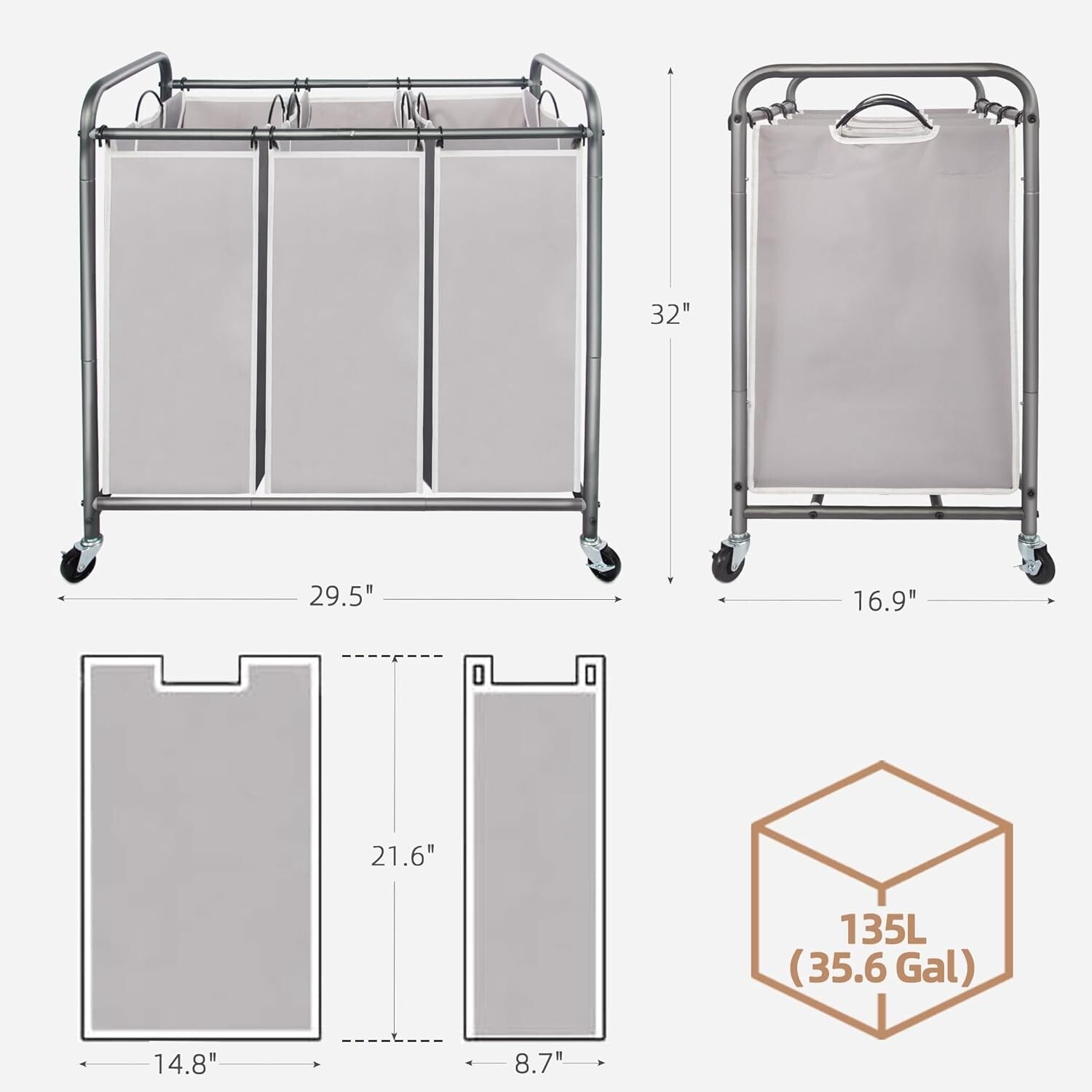 Classic Gray 3-Bag Laundry Hamper with Locking Wheeled Design for Convenience
