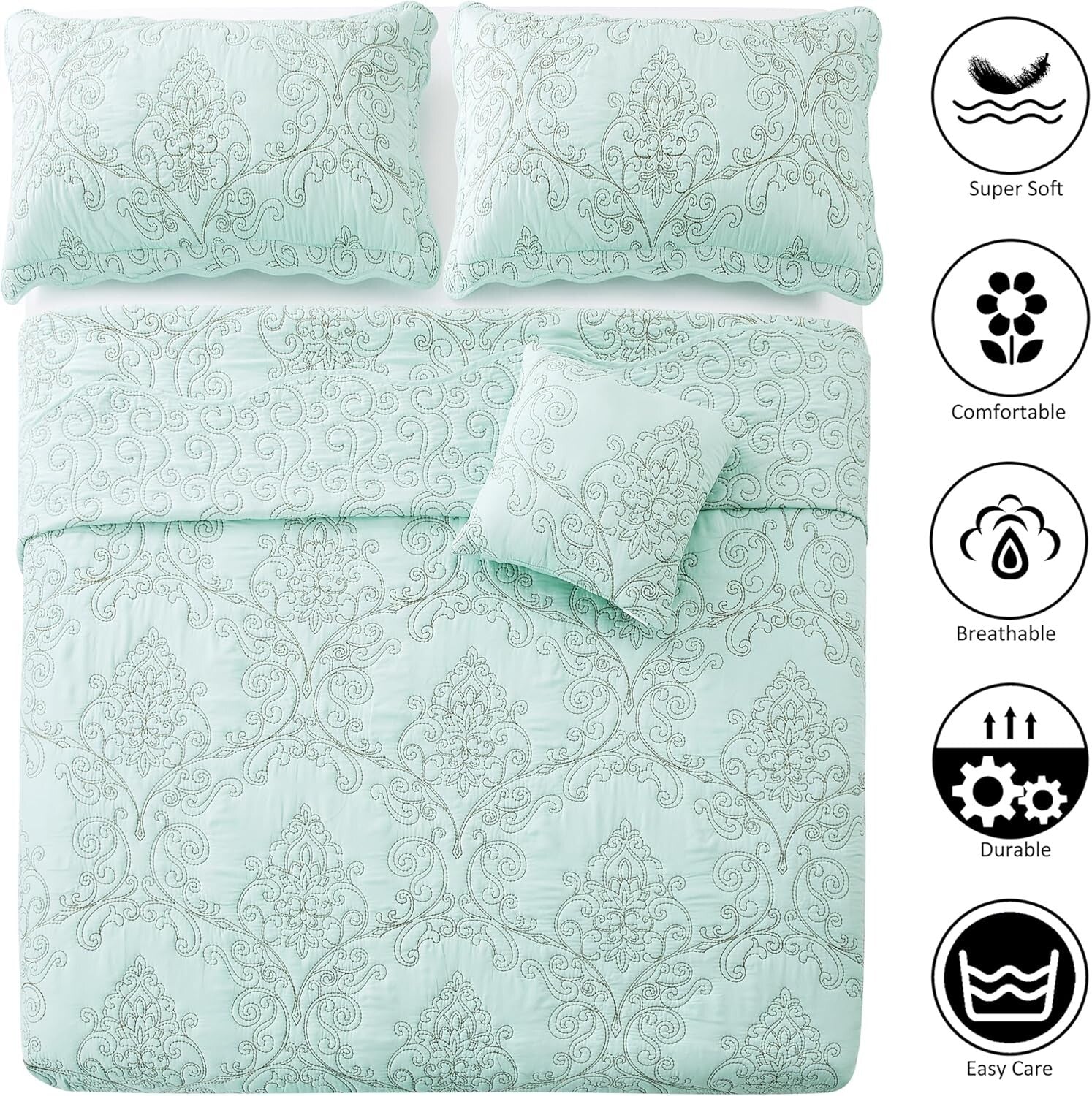 Elegant Oversized Queen 4-Piece Reversible Bedspread Set in Blue Floral Pattern