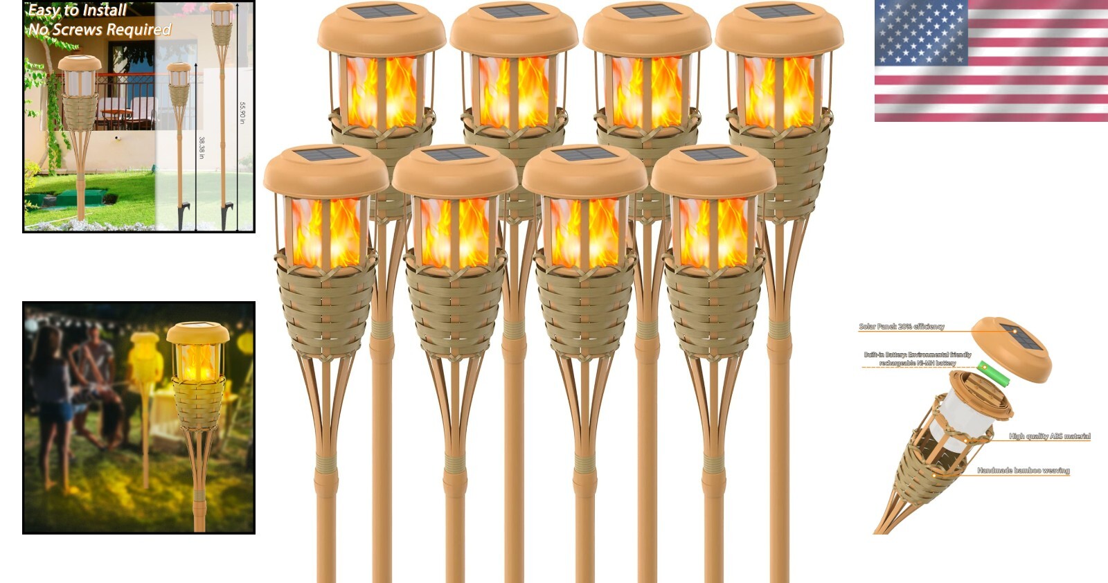 Classic Yellow Solar Torch Lights - 8 Pack with Adjustable Height & Flame Effect
