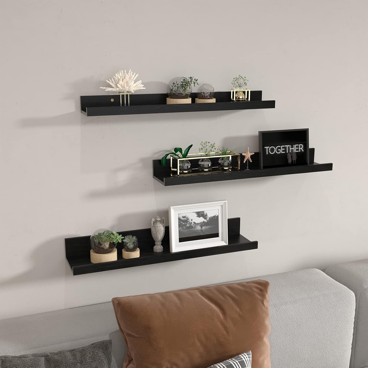 Elegant Black Floating Shelf Set with U-Shape Ledge - 24 Inch Wall Storage