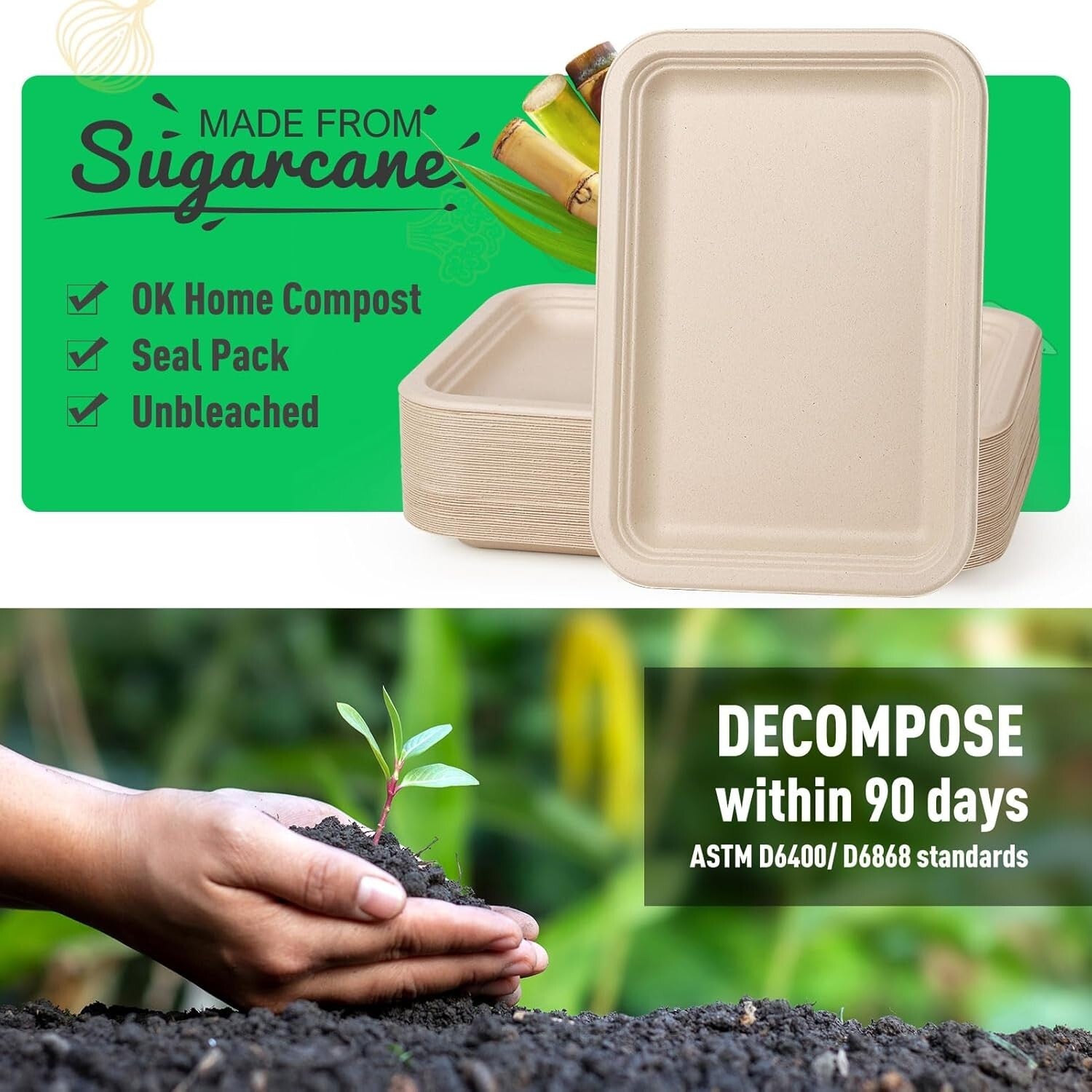 Heavy-Duty 14 Inch Compostable Food Trays - 100 Pack Natural Sugarcane Plates