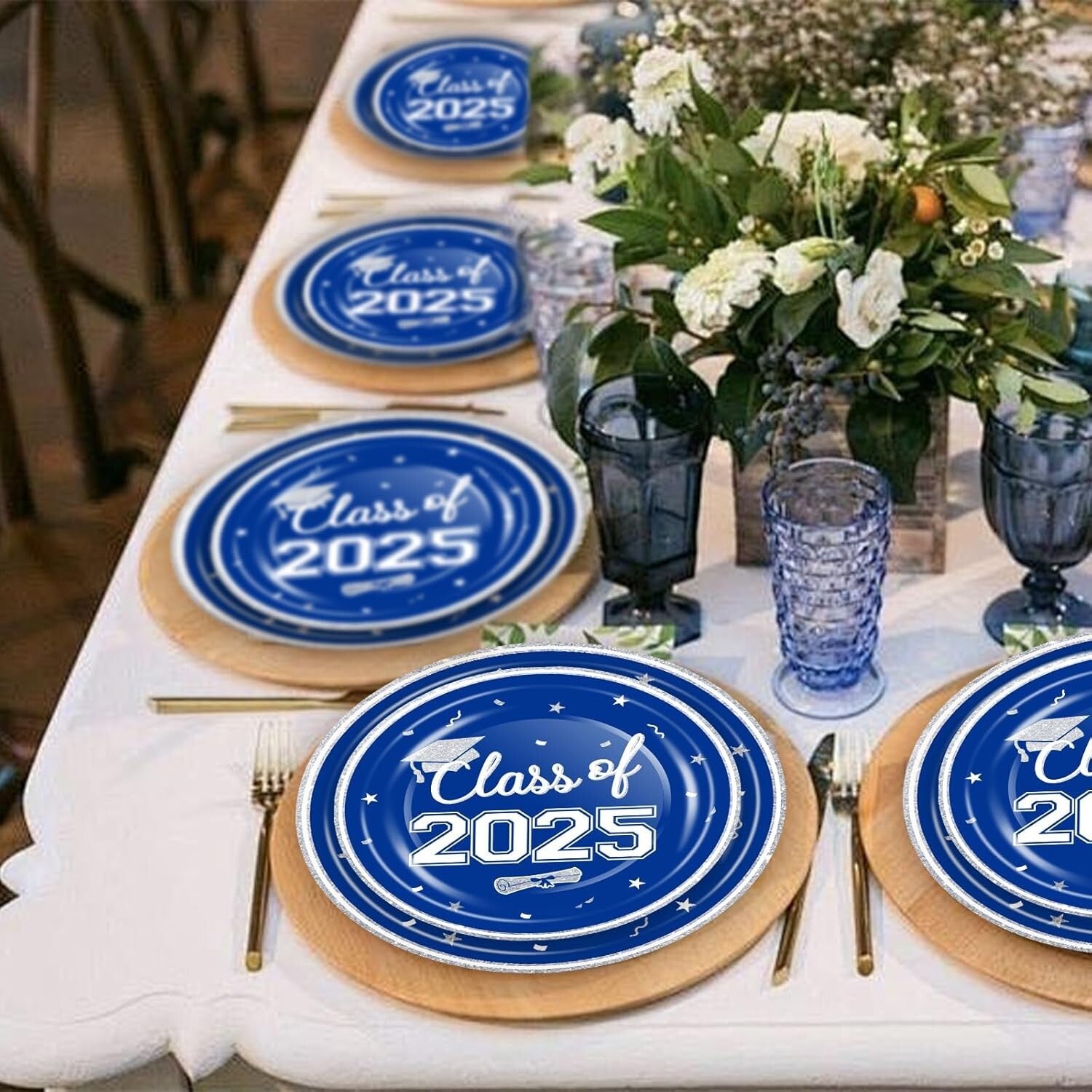 Elegant Blue White Graduation Party Set - 320-Piece Disposable Dinnerware for 80