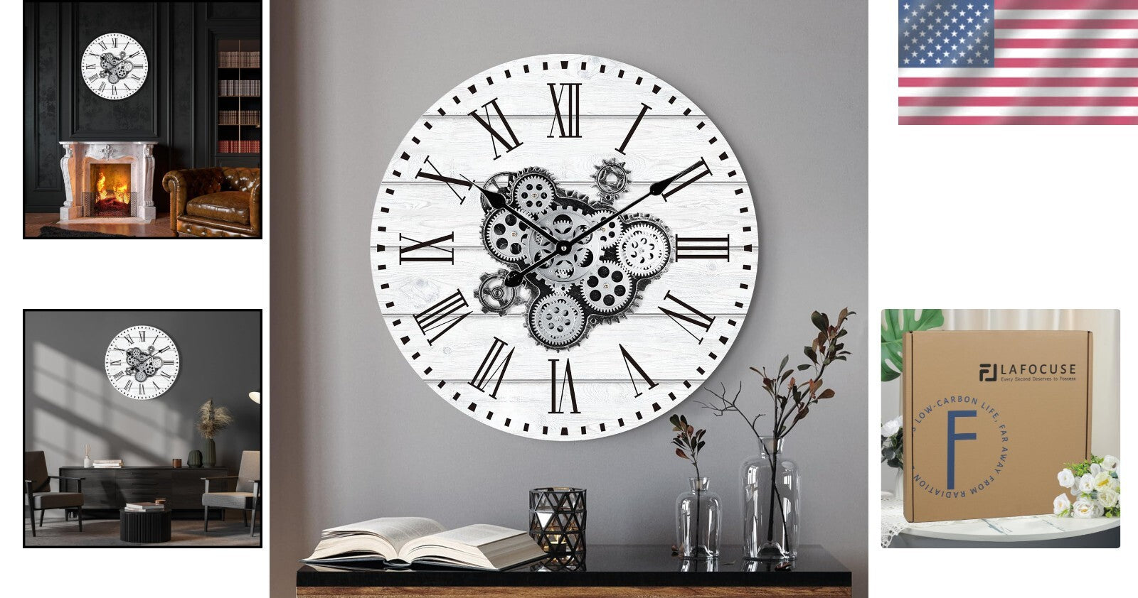 Stylish 23" White Farmhouse Wall Clock with Real Moving Gears for Home Offices