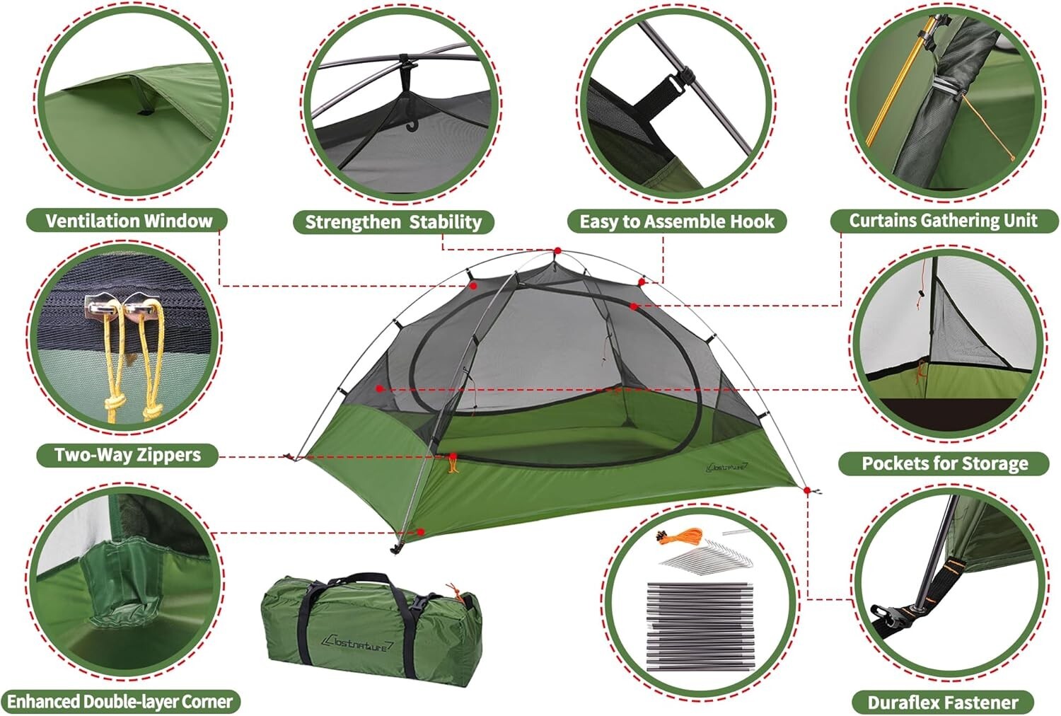 1-Person Lightweight Camping Tent with Quick Setup - Ultralight Waterproof Green