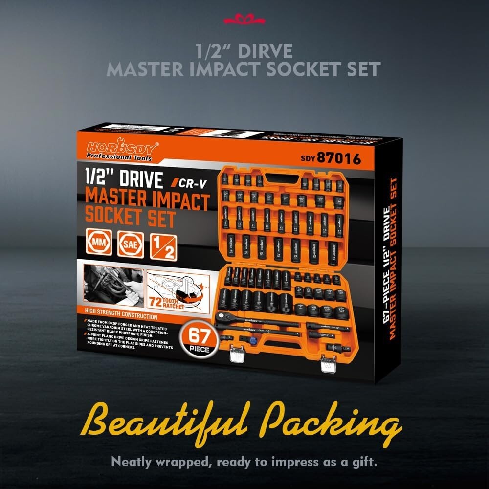 Durable 1/2-Inch Drive Impact Socket Set with Customized Storage Box, 67 Pieces