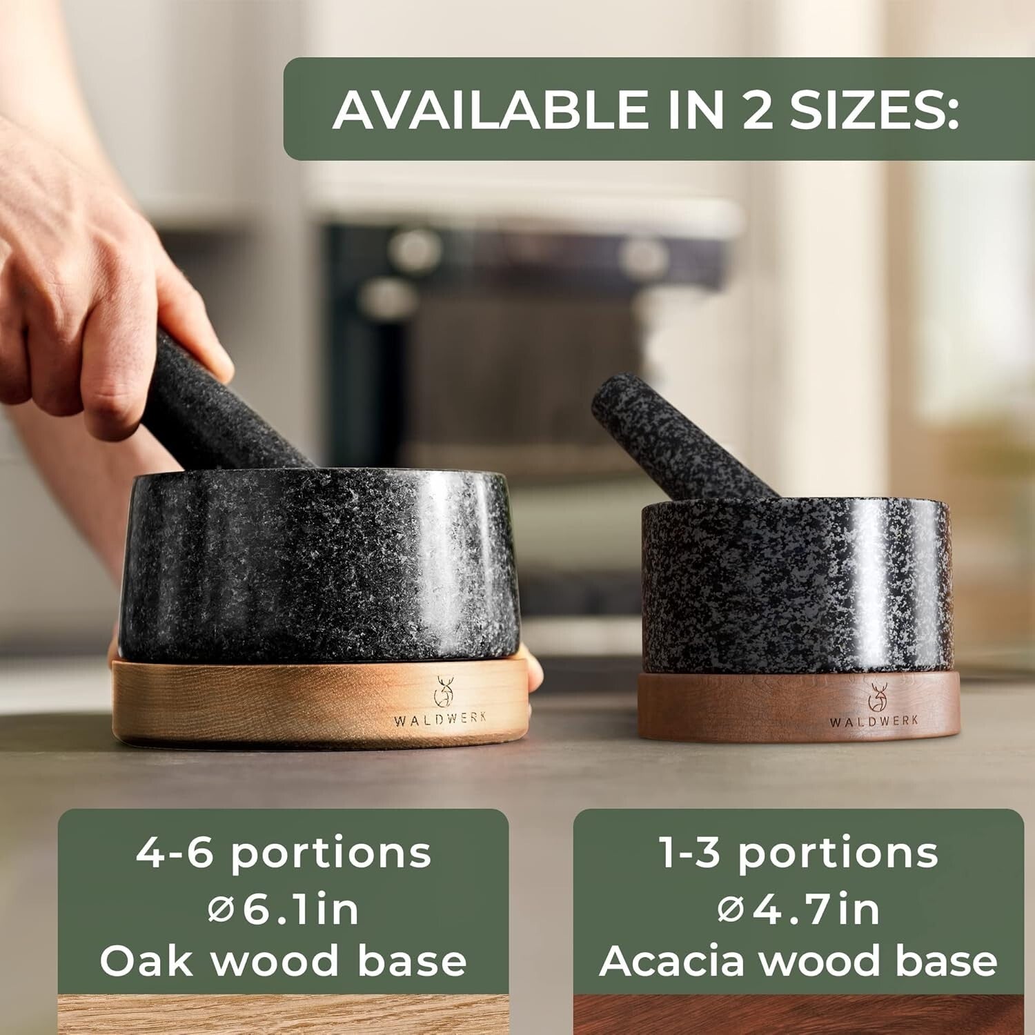 Extra Large Natural Granite Mortar and Pestle with Stylish Acacia Wood Stand