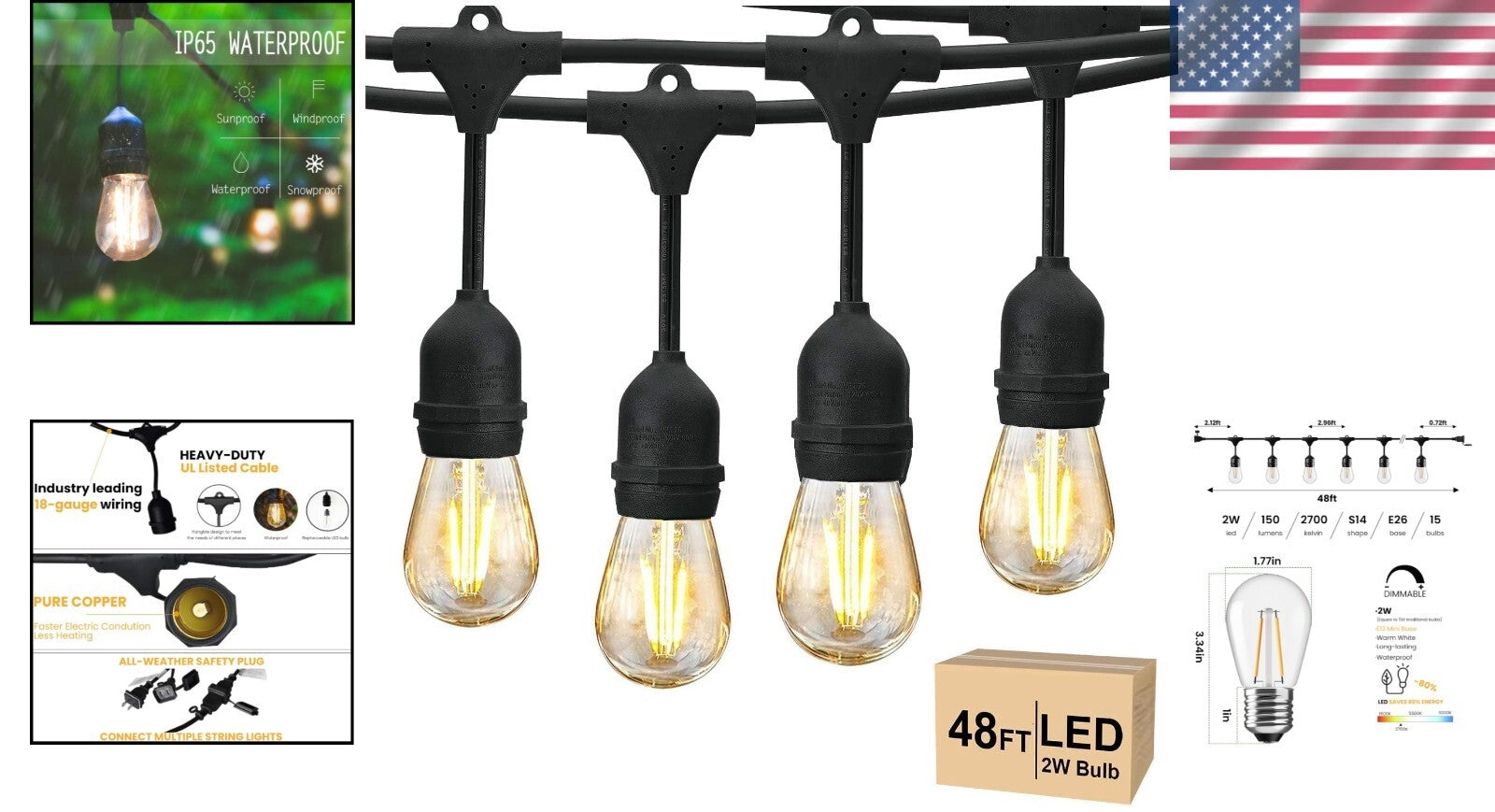 Commercial Grade 48 FT Patio Lights with 15 Shatterproof Edison Bulbs - Dimmable