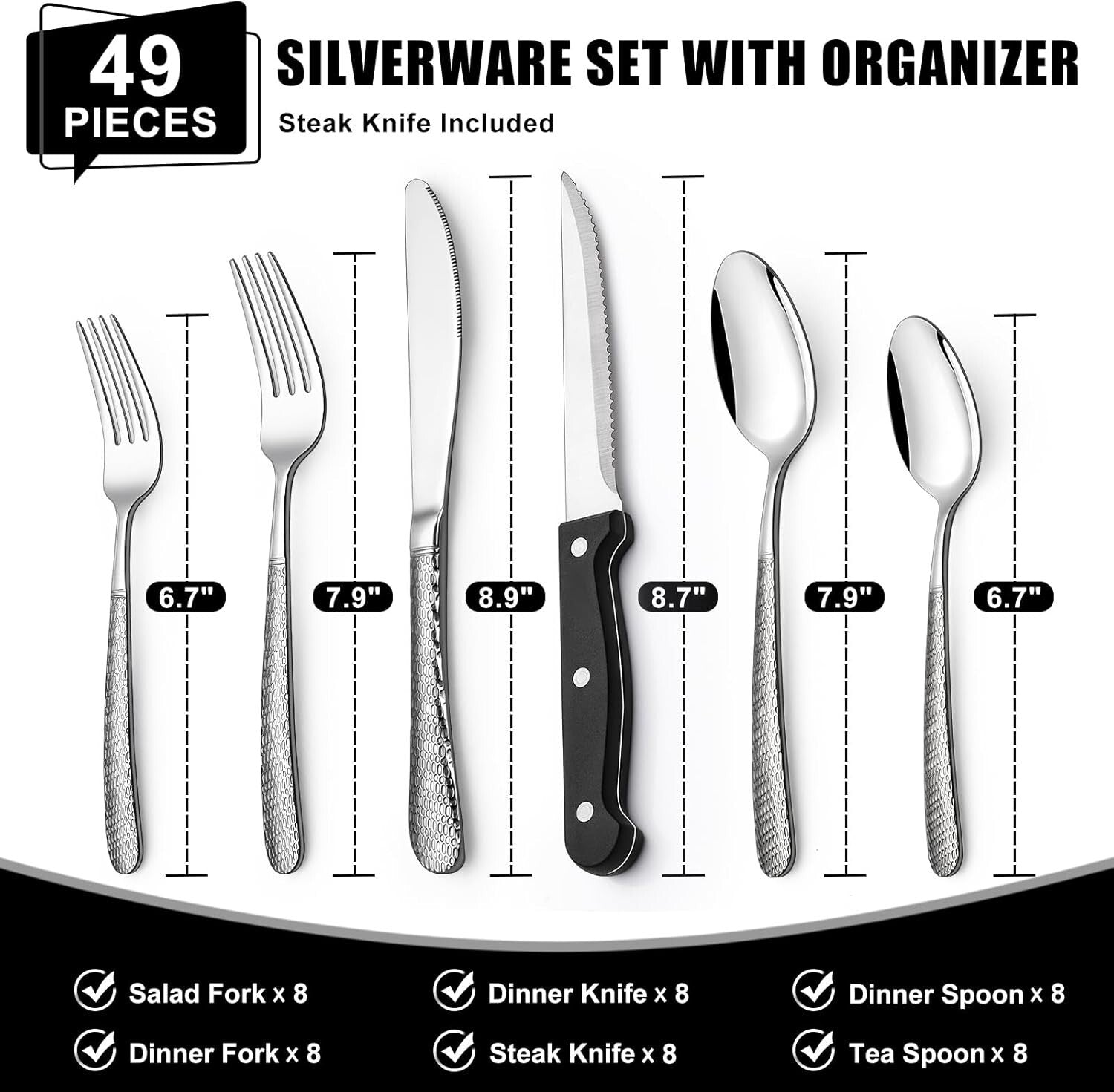 Elegant 49-Piece Flatware Set with Comfortable Handles & 6-Compartment Organizer