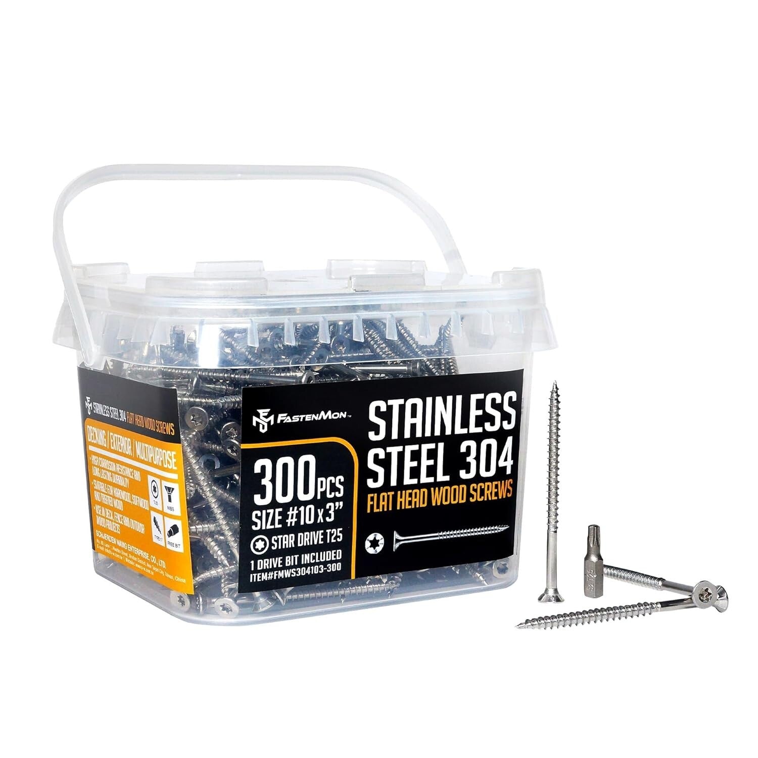 304 Grade Stainless Steel Deck Screws - 300 PCS with T25 Drive Bit, Outdoor Use