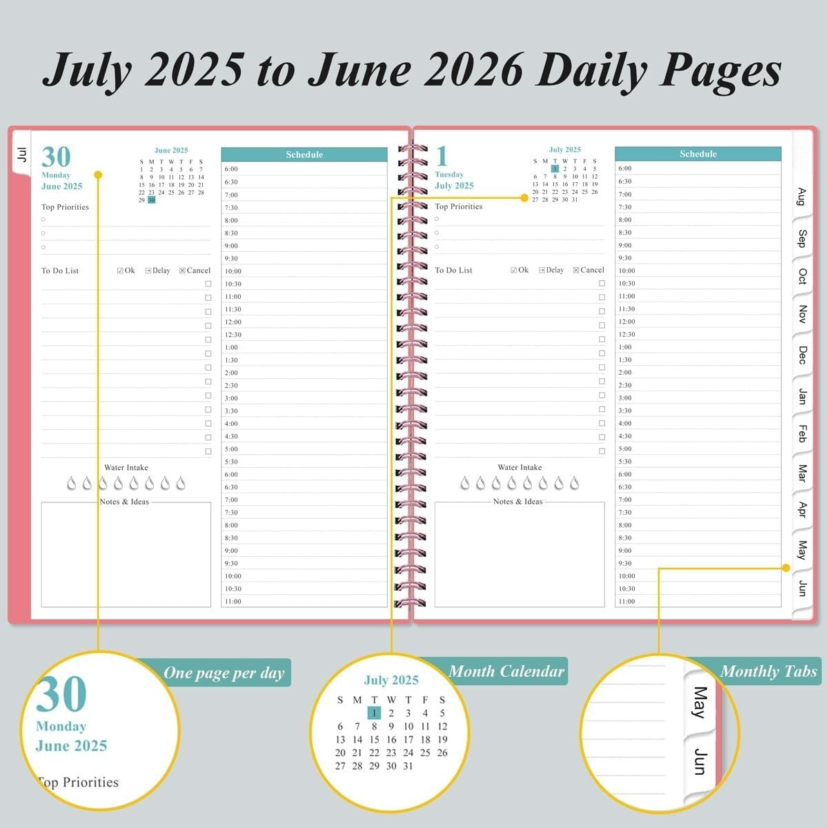 2025-2026 Stylish Daily & Monthly Planner - One Page Per Day, Pink 8.5”x11”
